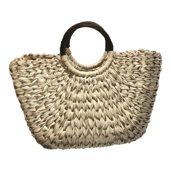 Wicker style straw basketweave black knit woven handle oversized‎ beach tote bag - Picture 4 of 15